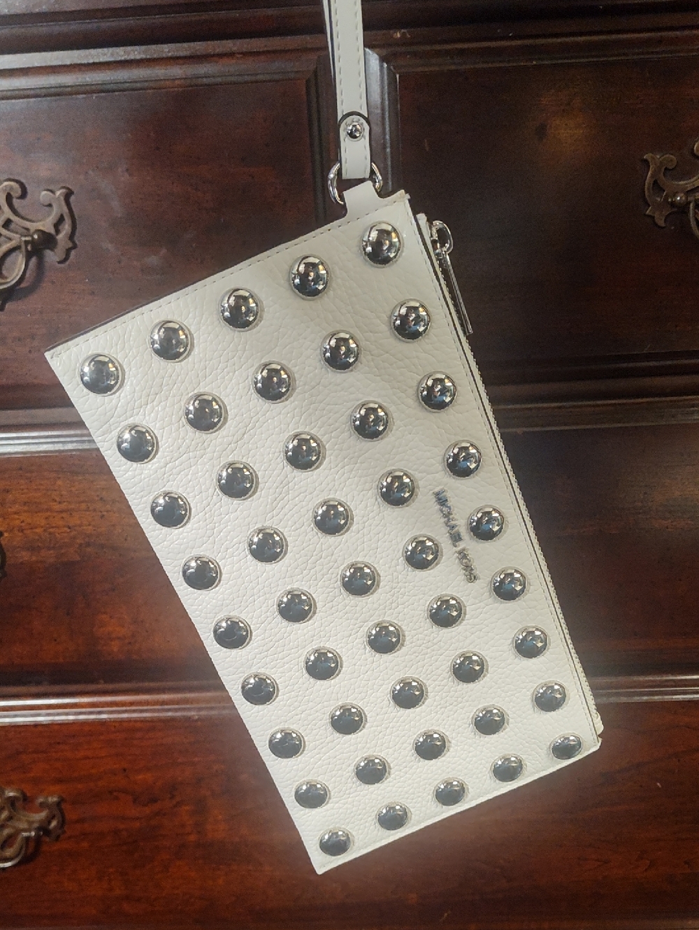Michael Kors White Leather Studded Zip Wristlet Retail $298